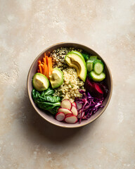 Minimalist flat lay of colorful healthy food bowl