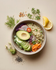 Minimalist flat lay of colorful healthy food bowl