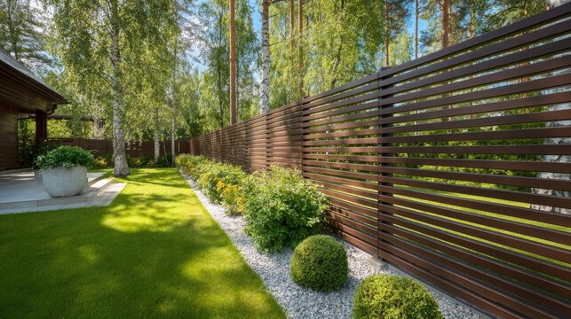 Beautifully landscaped garden with modern wooden fence and vibrant greenery under bright blue sky