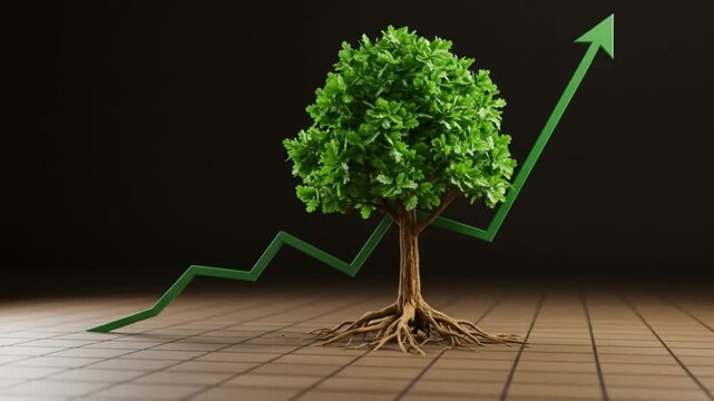 A small tree with roots on a tiled floor with a green upward arrow on a dark background behind it