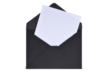Opened black paper envelope with paper sheet isolated on white background