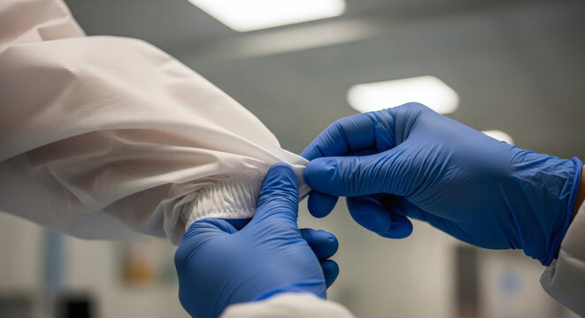 Close-up of gloved hands carefully adjusting a white protective lab coat sleeve, signifying preparation and sterile procedures in a scientific setting. - Powered by Adobe