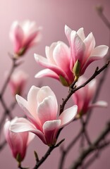 Obraz premium Close-up of pink magnolia flowers with white tips on delicate petals. Buds and branches visible against a soft pink backdrop, creating a gentle, elegant springtime mood for beauty and nature themes.