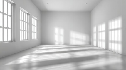 Bright empty sunlit room with large windows casting geometric shadows on white walls and floor
