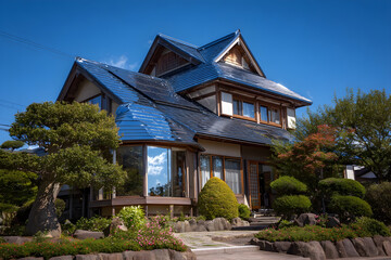 Obraz premium Traditional Japanese-style home in Kyoto, Japan, with solar panels and landscaped garden.