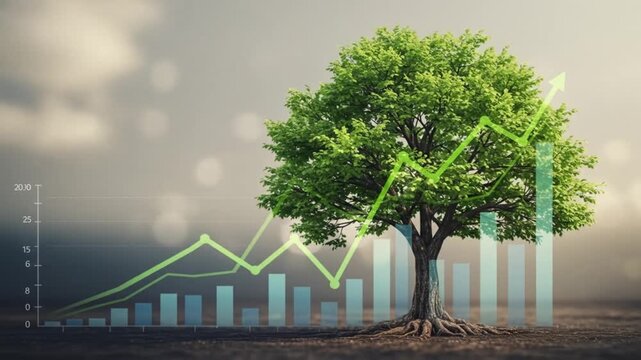 A vibrant tree with green leaves overlaid with a financial growth chart and bar graphs display