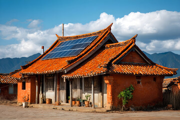 Naklejka premium Old Chinese courtyard house in Yunnan, China, with red tiled roof and solar panels.