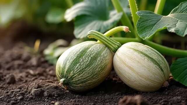 Freshly harvested striped squash growing in a garden during late summer in a lush vegetable patch