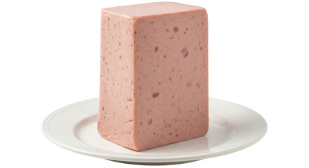 Isolated Block of Luncheon Meat on White Plate