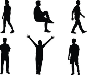 Human silhouette poses, walking, sitting, standing, arms raised, body language, gesture collection, black figure, isolated, white background, posture set