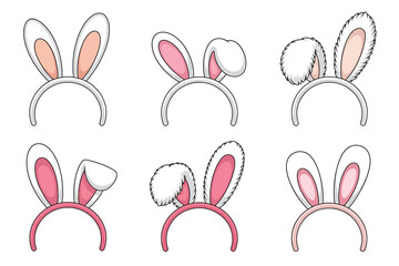 Six bunny ear headbands with pink and white accents