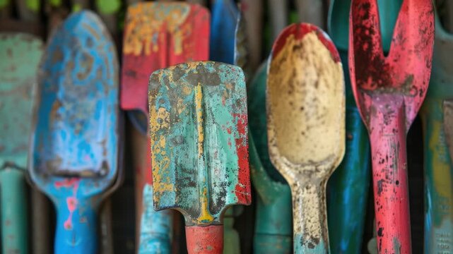 A collection of vibrant spatulas displayed on a wall