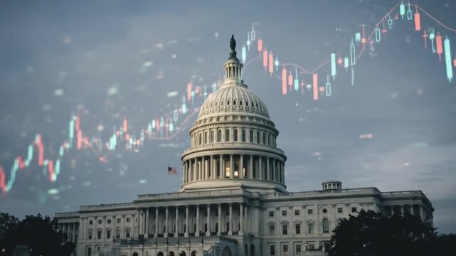 The united states capitol building with superimposed stock market graph against a cloudy sky view
