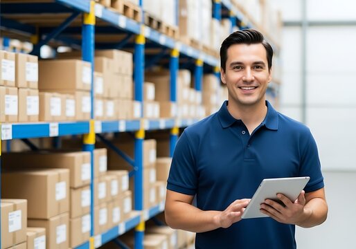 A smiling warehouse worker stands amongst numerous stacked cardboard boxes, holding a tablet computer, showcasing a positive and efficient work environment.