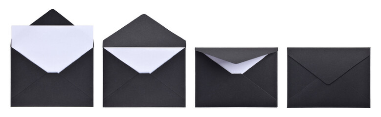 Set of black paper envelopes isolated on white background