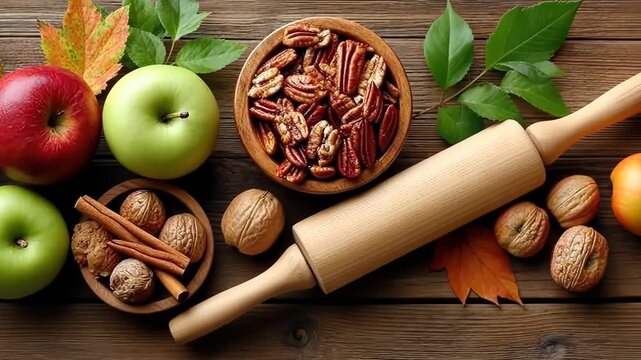 Autumn baking ingredients displayed with fresh apples, nuts, and spices on a rustic wooden table