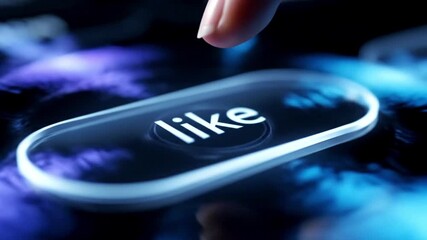 A finger presses a glowing "like" button on a dark, blurred background. - Powered by Adobe
