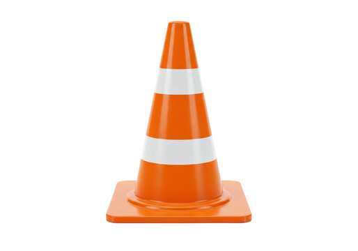 Isolated orange traffic cone with white stripes for road safety and construction