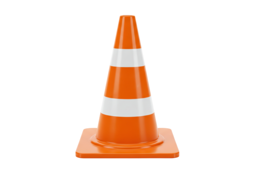 Isolated orange traffic cone with white stripes for road safety and construction