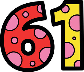 Obraz premium Whimsical polka dot number 61 cartoon illustration for children's education vector