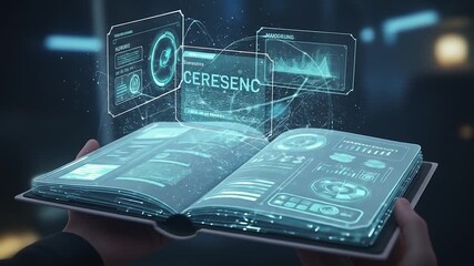Futuristic holographic book revealing data insights and digital interface elements for technology - Powered by Adobe