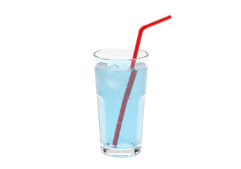 Isolated glass of blue beverage with ice cubes and red straw for refreshment, thirst
