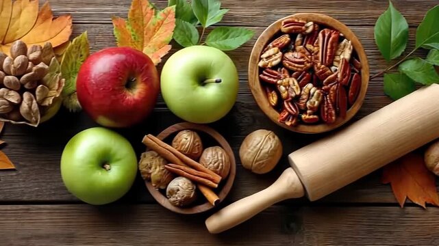 Autumn baking preparation with fresh apples, nuts, and spices in a rustic kitchen setting, perfect for seasonal recipes and gatherings