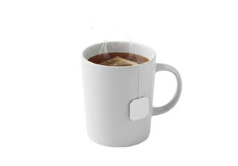 Isolated mug of hot tea with tea bag still inside, steaming for an aromatic drink