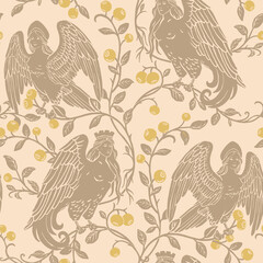 Seamless Slavic Mythology Alkonost Bird-Woman Pattern , Vintage Folk Art Wallpaper Design with Ornamental Branches and Berries