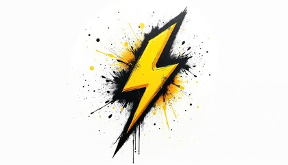Illustration of stylized yellow with black spray paint splatter, yellow dots on white background. Energetic graphic represents power, speed, storm elements. Dynamic abstract design suitable for