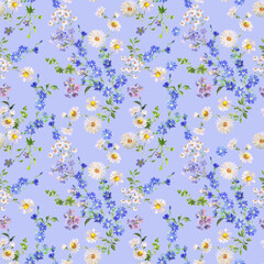 Seamless Pattern with Small Wildflowers and Leaves White Daisies and Blue Chicory Flowers on Blue Background, Gouache Style