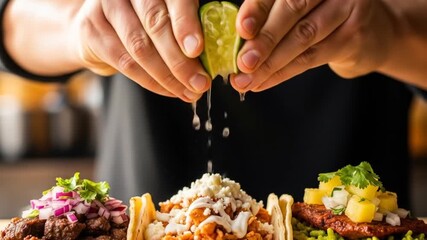 Close-up of hands squeezing lime over three colorful tacos with vibrant toppings in a lively restaurant setting - Powered by Adobe