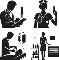 Medical professional silhouette set, doctor and nurse icons, healthcare workers, syringe, IV drip, patient care, hospital scene, black vector