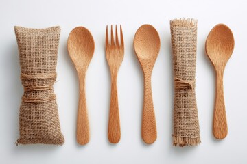 Wooden Cutlery Set Displayed on White Background Featuring Rustic Burlap Wrappings and Natural Eco-Friendly Dining Essentials