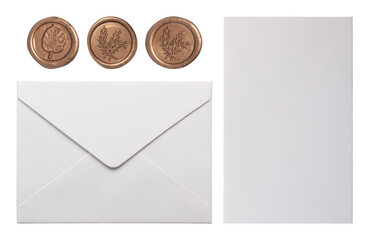Set of white envelopes and wax seal stamps isolated on white background