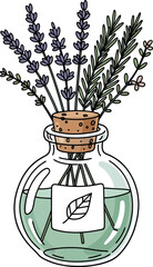 Hand drawn lavender bottle essential oil herb infusion natural wellness vector