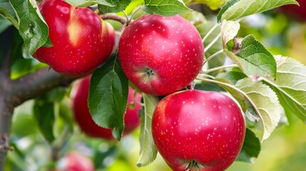 Obraz premium The Bright Red Apples Are Hanging on the Tree: Sun-Kissed Red Apples Draped on Branches, Fresh Juicy Fruits Glowing in Sunlight, Vibrant Orchard Scene Capturing Harvest Season Charm