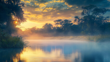 Fototapeta premium sunrise over calm river in natural setting