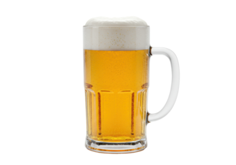 Isolated glass beer stein, mug full of cold golden beer, refreshing drink, beer foam, drinkware