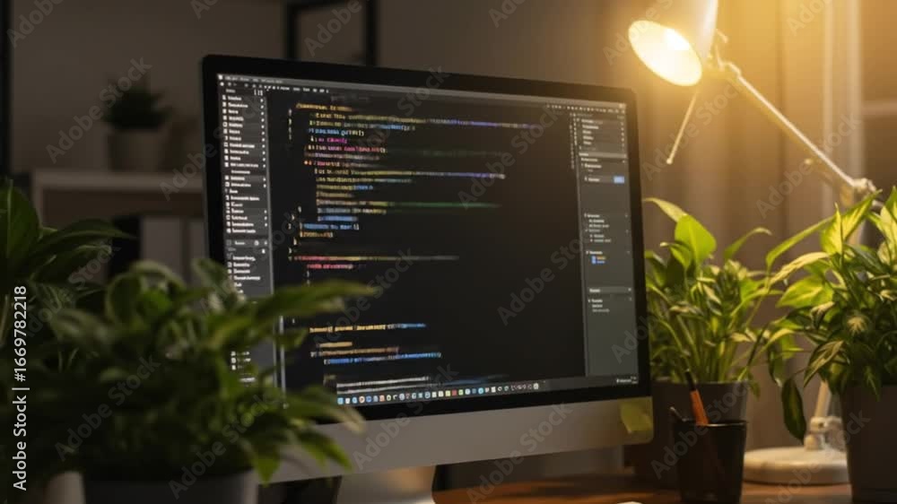 Poster a computer monitor displaying code with plants and a lamp on a desk in a dimly lit room setup