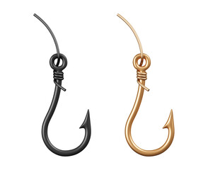 PNG 3D Gold Black Fishing Hook with Line Set Isolated on Transparent Background Fishhook and Lure Design