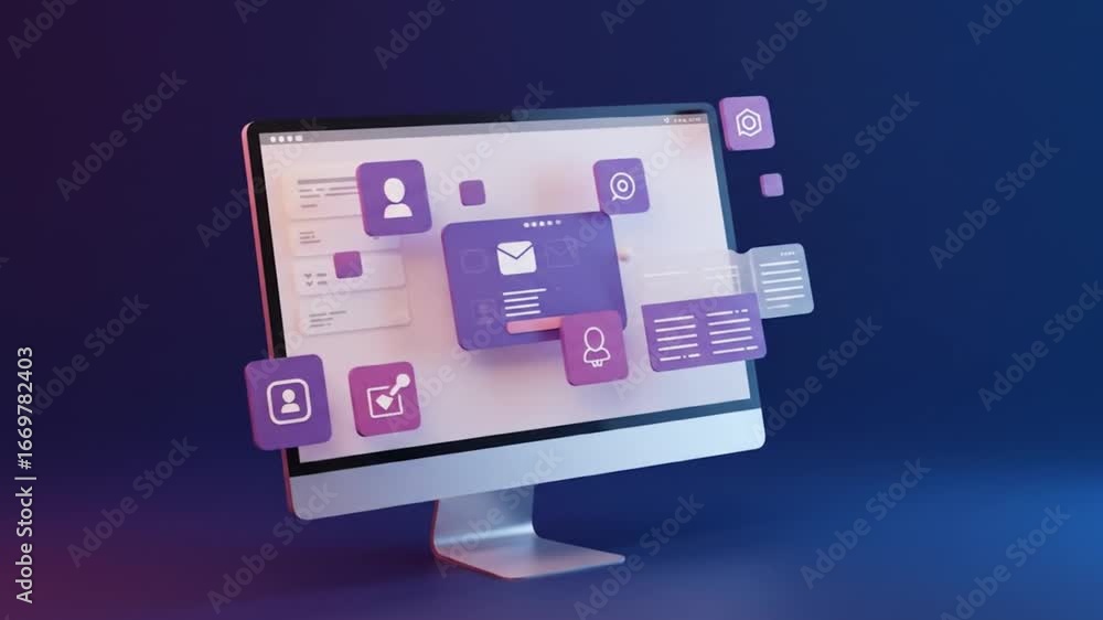 Aufkleber Computer screen displaying various purple icons floating in front of the monitor on a blue background