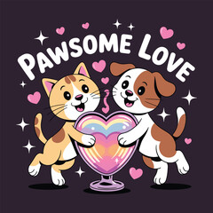 Fototapeta premium Cat and dog holding heart love friendship