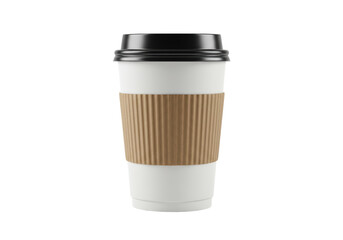 Isolated paper coffee cup with brown corrugated cardboard sleeve and black plastic lid