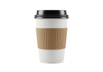 Isolated paper coffee cup with brown corrugated cardboard sleeve and black plastic lid