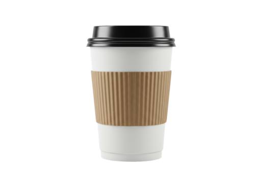 Isolated paper coffee cup with brown corrugated cardboard sleeve and black plastic lid