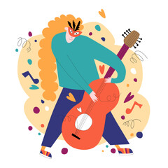 vector illustration in flat style on the theme of carnival, holiday, festa junina. Dancing people with maracas and drums. Music, festive atmosphere