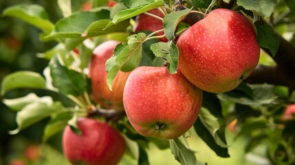 The Bright Red Apples Are Hanging on the Tree: Sun-Kissed Red Apples Draped on Branches, Fresh Juicy Fruits Glowing in Sunlight, Vibrant Orchard Scene Capturing Harvest Season Charm