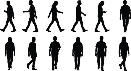 Twelve human silhouettes in standing and walking poses, diverse gestures and clothing outlines, vector illustration on white background for design use