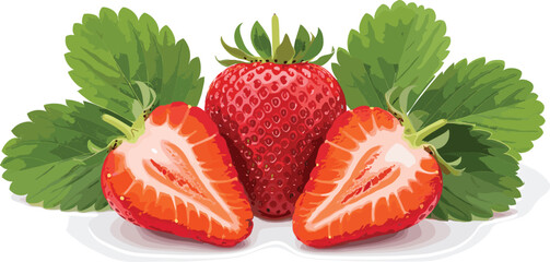 Whole and halved strawberries with green leaves, realistic red fruit vector illustration on white background for food, nutrition, and design use